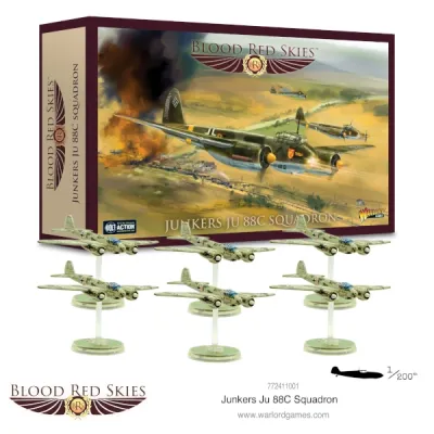 Six painted Junkers Ju 88C aircraft on flying bases with the squadron box.
