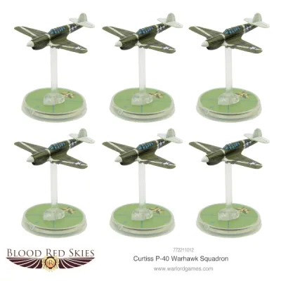 Six painted Blood Red Skies Curtiss P-40 Warhawk fighters on flying bases.