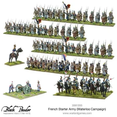 French Starter Army miniatures for Black Powder Waterloo Campaign, with infantry, cavalry, artillery and command.