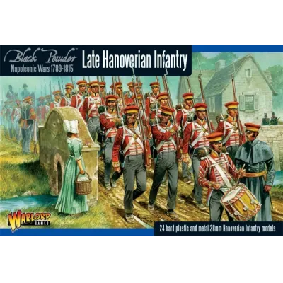 Black Powder Late Hanoverian Infantry box with Hanoverian troops marching through a village.