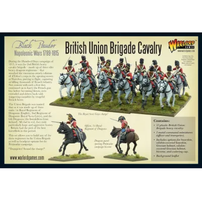 Black Powder British Union Brigade Cavalry box back showing mounted Napoleonic heavy cavalry and contents.