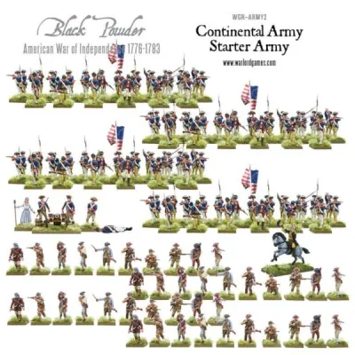 Continental Army Starter Army miniatures for Black Powder, including infantry, militia, artillery and command figures.