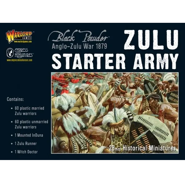 Black Powder Anglo-Zulu War Zulu Starter Army box with Zulu warriors charging British troops.