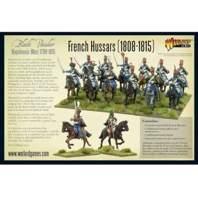Black Powder French Hussars 1808–1815 box back showing painted cavalry and contents.