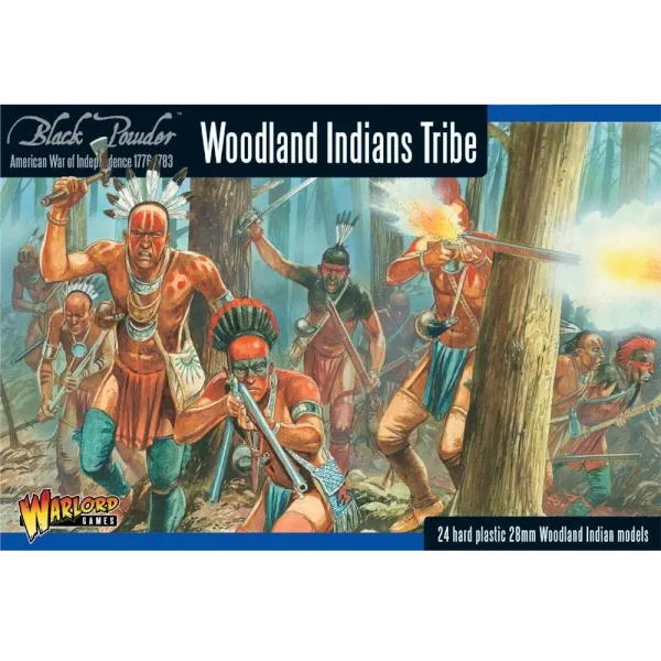 Black Powder American War of Independence Woodland Indians Tribe box with forest skirmish artwork.