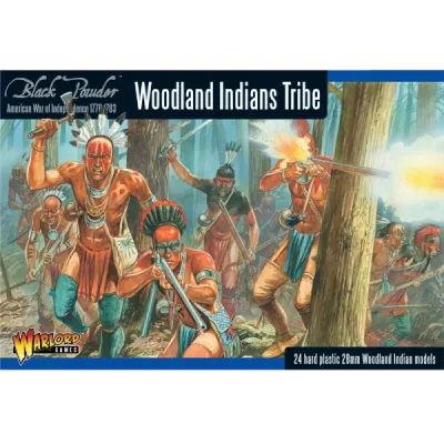 Black Powder American War of Independence Woodland Indians Tribe box with forest skirmish artwork.