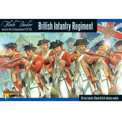Black Powder American War of Independence British Infantry Regiment box with redcoat infantry artwork.