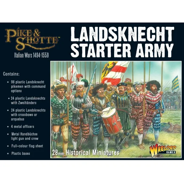 Pike &amp; Shotte Landsknecht Starter Army box with Landsknecht marching artwork and contents list.