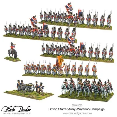 British Starter Army miniatures for Black Powder Waterloo Campaign, with infantry, cavalry, artillery and command.