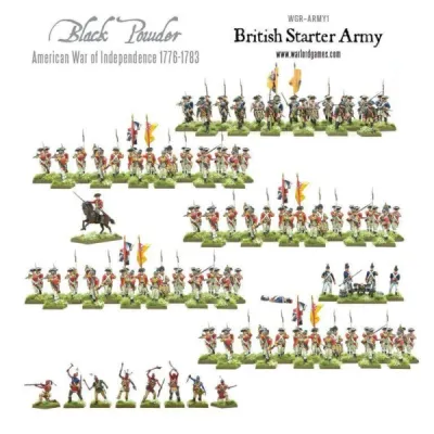 British Starter Army miniatures for Black Powder American War of Independence, with infantry, artillery, allies and command.