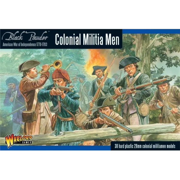 Black Powder American War of Independence Colonial Militia Men box with militia skirmish artwork.