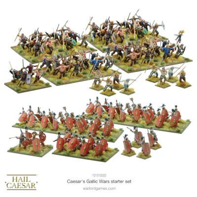 Painted Hail Caesar Caesar’s Gallic Wars starter set miniatures with Roman and Gallic forces.