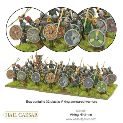 Painted Hail Caesar Viking Hirdmen miniatures with shield detail close-ups.