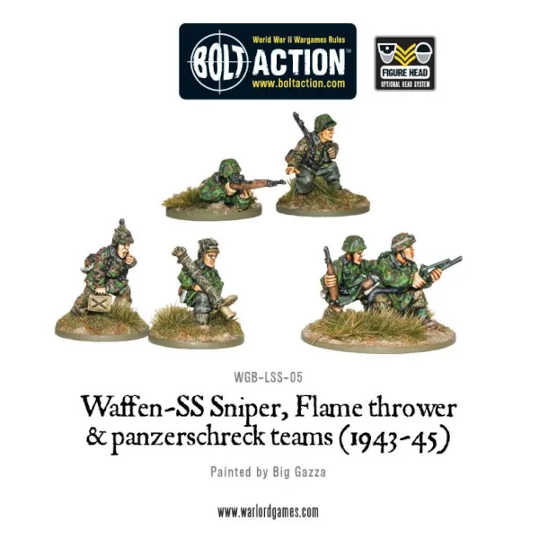 Painted Waffen-SS sniper, flamethrower and Panzerschreck teams for Bolt Action.