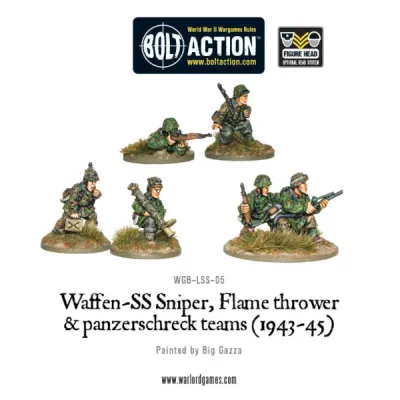 Painted Waffen-SS sniper, flamethrower and Panzerschreck teams for Bolt Action.