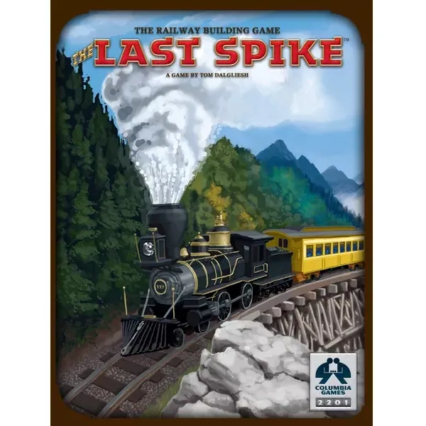 Box front: The Last Spike board game box with steam train crossing a mountain bridge.
