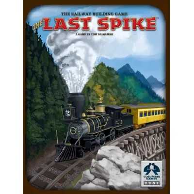 Box front: The Last Spike board game box with steam train crossing a mountain bridge.