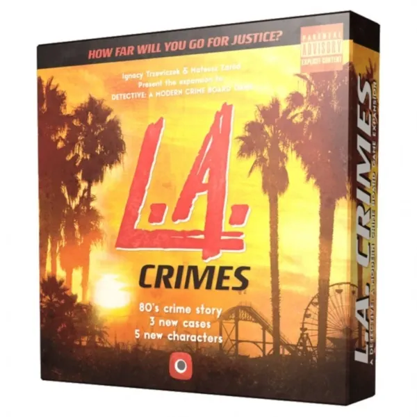 Box front: Detective: A Modern Crime Board Game – L.A. Crimes expansion box with sunset and palm tree artwork.