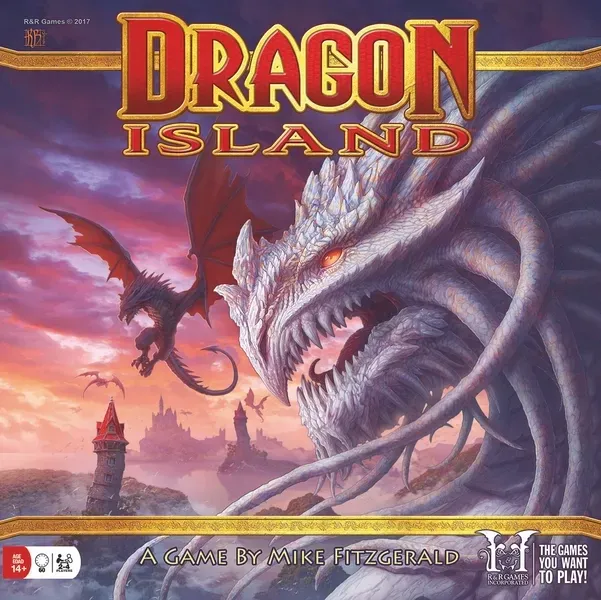 Box front: Dragon Island board game box with large dragons flying over a fantasy island.