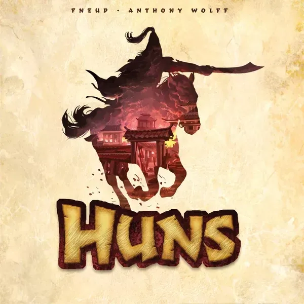 Box front: Huns board game box with mounted warrior silhouette and raiding village artwork.