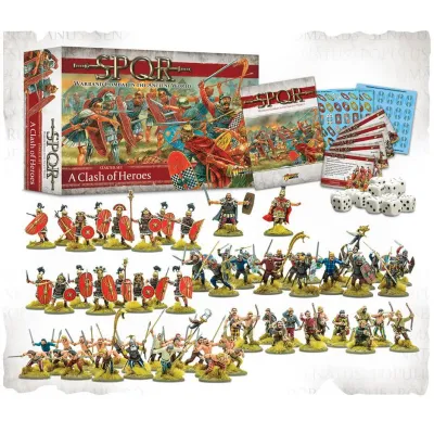 SPQR A Clash of Heroes starter set with Romans, Gauls, rules, dice and accessories.