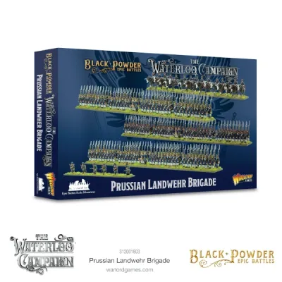 Black Powder Epic Battles Waterloo Prussian Landwehr Brigade box with painted Prussian units.