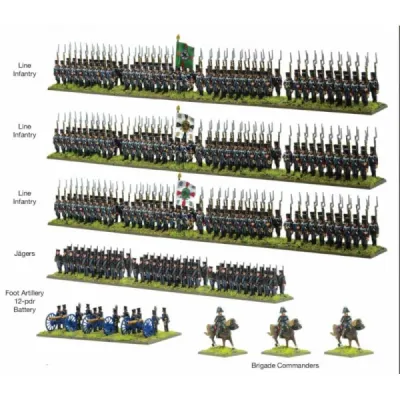 Painted Epic Battles Waterloo Prussian infantry brigade with line infantry, Jägers, artillery and commanders.