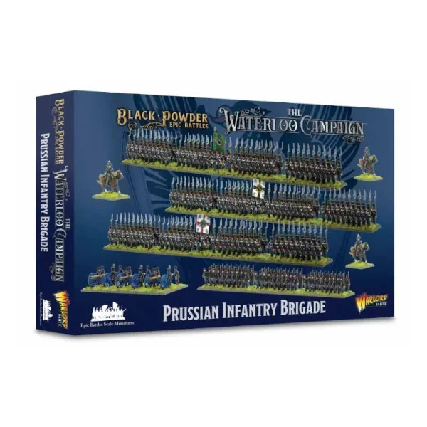 Black Powder Epic Battles Waterloo Prussian Infantry Brigade box with painted Prussian units.