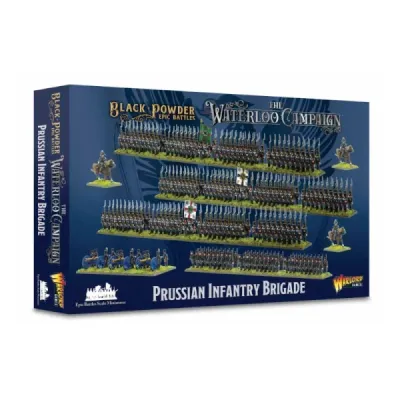 Black Powder Epic Battles Waterloo Prussian Infantry Brigade box with painted Prussian units.