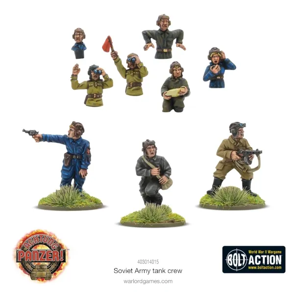 Painted Soviet Army tank crew figures for Bolt Action and Achtung Panzer.