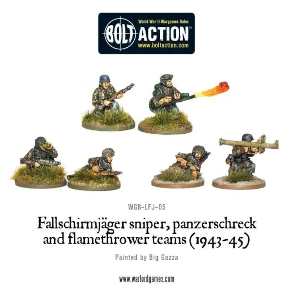 Painted Fallschirmjäger sniper, Panzerschreck and flamethrower teams for Bolt Action.