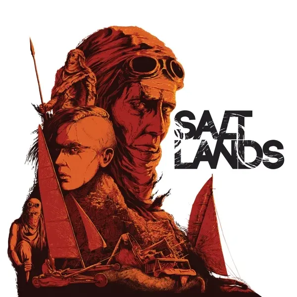 Box front: Saltlands board game box with post-apocalyptic desert survivors and sail vehicles.