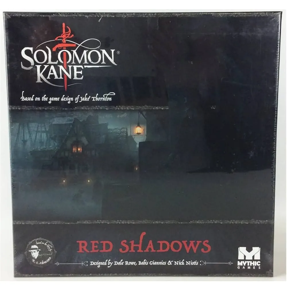 Box front: Solomon Kane Red Shadows expansion box with dark misty village artwork.