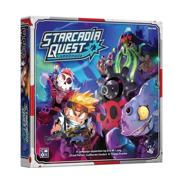 Box front: Starcadia Quest ARRRmada expansion box with cartoon space pirate artwork.