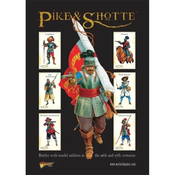 Book cover: Pike &amp; Shotte rulebook cover with 16th- and 17th-century soldier illustrations.