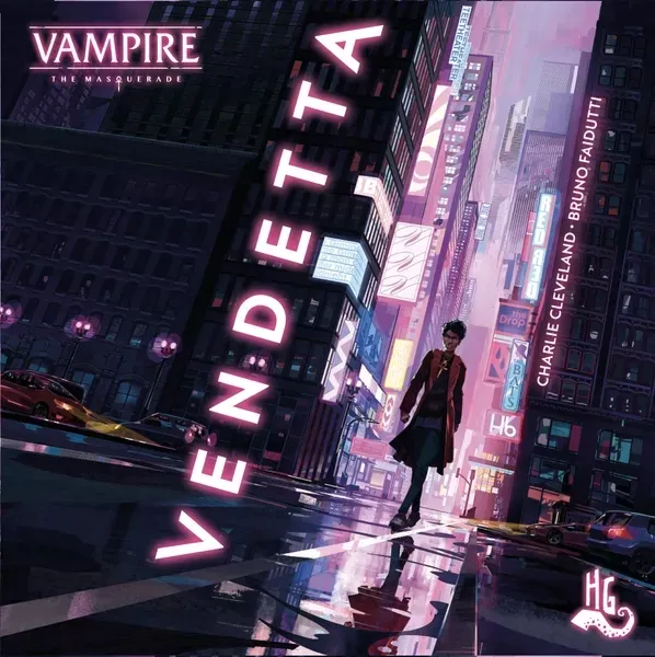 Box front: Vampire: The Masquerade – Vendetta box with neon city artwork and a vampire figure.