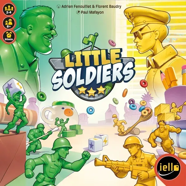 Box front: Little Soldiers board game box with green and yellow toy soldiers fighting across a tabletop.
