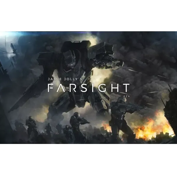 Box front: Farsight board game box with futuristic mech and soldiers in a sci-fi battlefield.