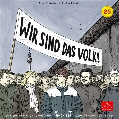 Box front: Wir sind das Volk! board game box with Cold War Germany protest banner artwork.