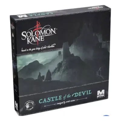 Box front: Solomon Kane Castle of the Devil expansion box with dark mountain fortress artwork.