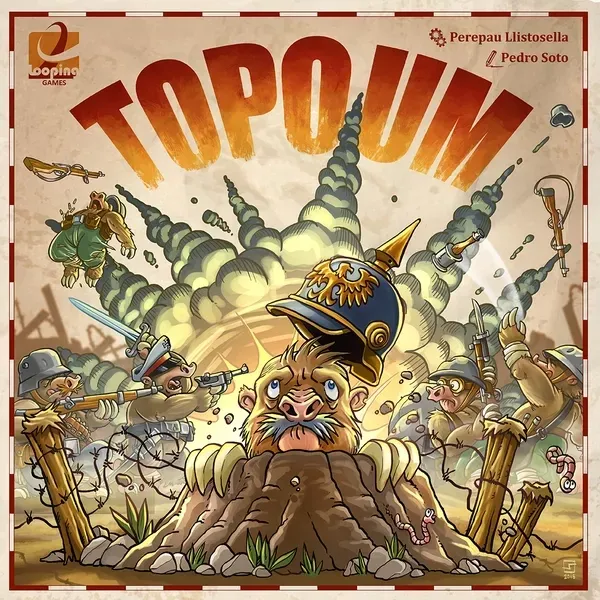 Box front: Topoum board game box with cartoon mole soldiers in a World War I battlefield.