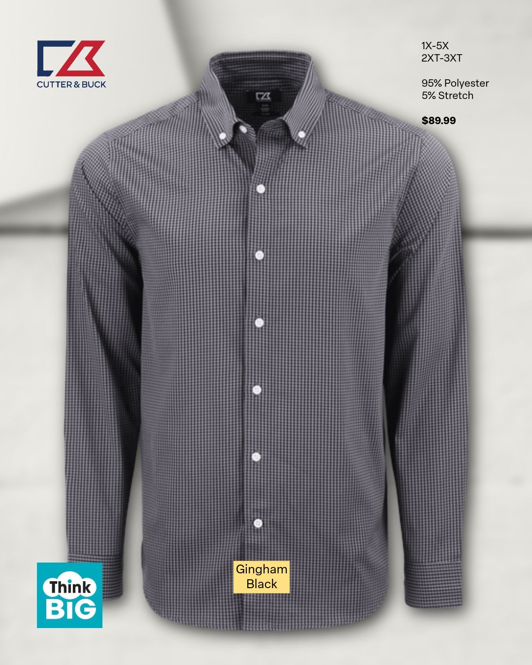 CB Skyline Epic Confidence Recycled Gingham  B&amp;T LS Dress Shirt LEG, Color: Black+Elemental, Season: 2509, Size: 1X