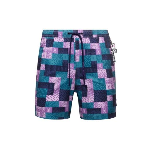 Psycho Bunny Olivier All Over Bunny Swim Trunk, Color: Mallard Blue, Size: 1X