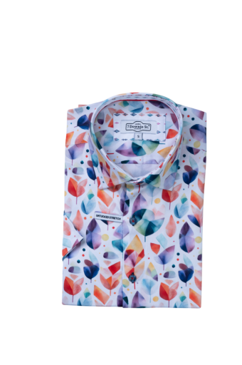 7 Downie St, Broken Leafs SS Stretch Shirt, Color: White+Multi, Size: 1XB