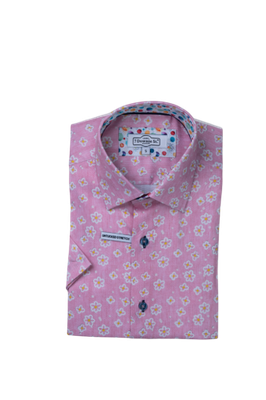 7 Downie St. Pink Flowers SS Stretch Shirt