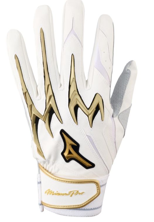 MIZUNO  Pro Power Arc Baseball Batting Glove, Colour: WHITE/GOLD, Size: SMALL