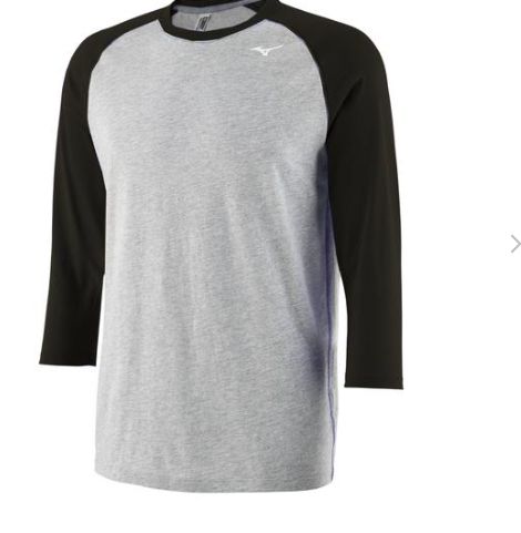 MIZUNO 3/4 ADULT BASEBALL PRACTICE TEE, Colour: GREY/BLACK, Size: LARGE