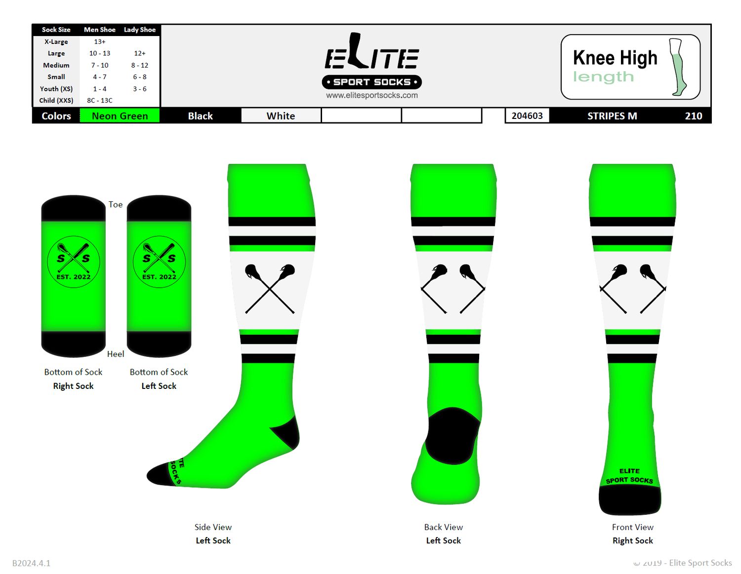 ELITE CUSTOM LACROSSE SOCKS, Colour: LIME GREEN/BLACK/WHITE, Size: Large