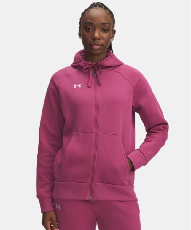 UNDER ARMOUR Women&#39;s Rival Fleece Full Zip Hoodie, Colour: FUSCHIA DUSK/WHITE, Size: MD
