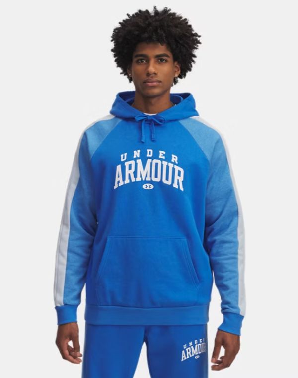 UNDER ARMOUR Men&#39;s Rival Fleece Colorblock Hoodie, Colour: BLUE ATLANTIS/WHITE, Size: MD
